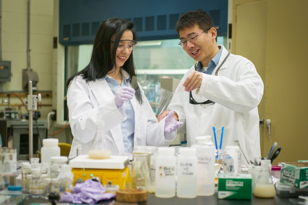 two students in a laboratory doing research together photo